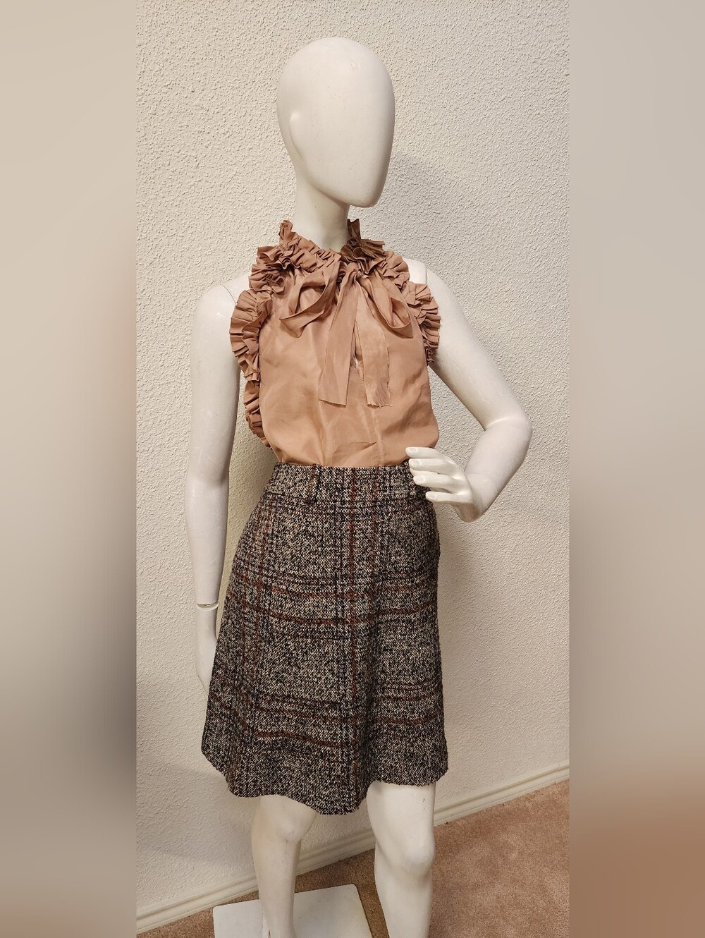 Etro A-Line Tweed Skirt in Brown and Gray Plaid